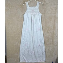 Vintage Deena White Pink Floral Lace Trim Nylon Nightgown Sleep Dress Medium