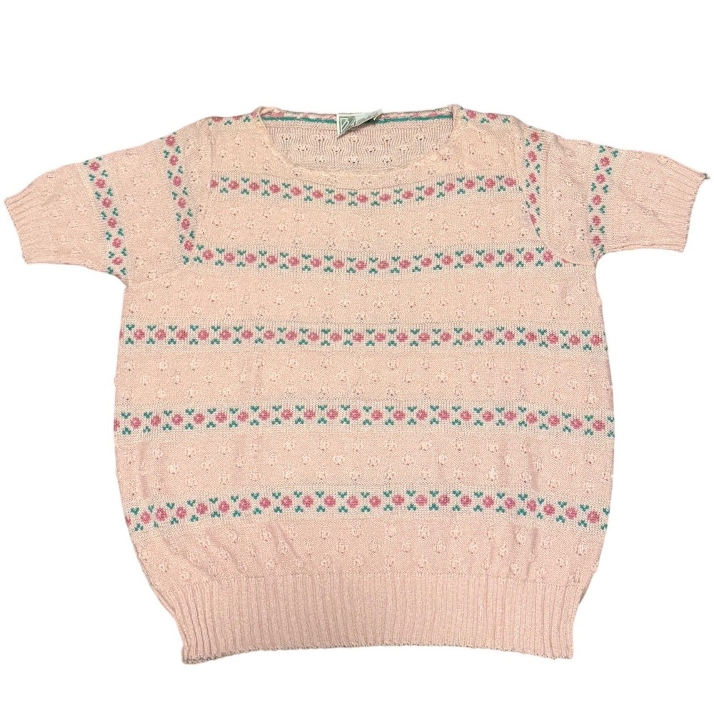 Billie Jo Vtg Pink Floral Knit Sweater Short Sleeve Pointelle Grannycore US Made