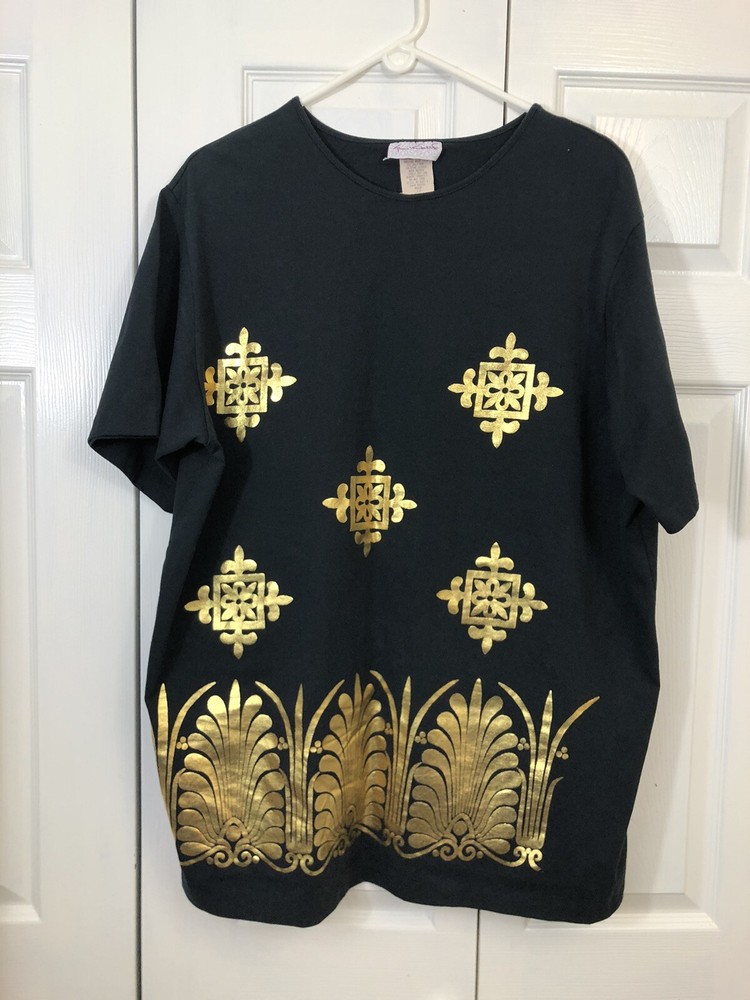 Vintage 70’s Gloria Vanderbilt Black w/ Gold Metallic Art Deco T shirt Womans 1X