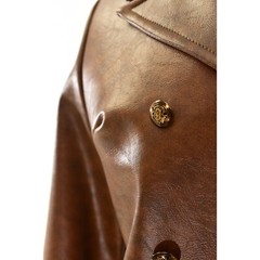 60s Vintage Brown Faux Leather Coat Womens M Double Breasted Mod Trench Jacket