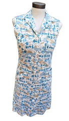 VTG 60s 70s Handmade Novelty Print Shift Dress Blue White Sleeveless Mod Small