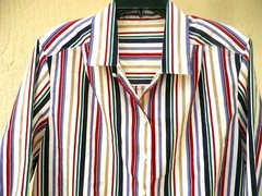 VTG 80S L BUTTON UP COLORFUL RED PURPLE GREEN TAN STRIPED SECRETARY BLOUSE WOMEN