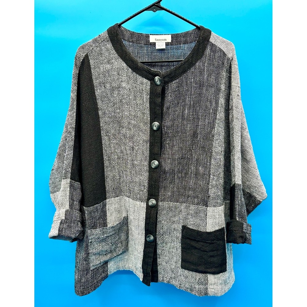 Vtg Sangam Womens L Cotton Lagenlook Artsy Minimalist Gray Black Batwing Jacket