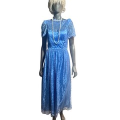 Vintage 70s 80s Maxi Dress Romantic Blue Satin Lace Cottagecore Puff Sleeve Gown