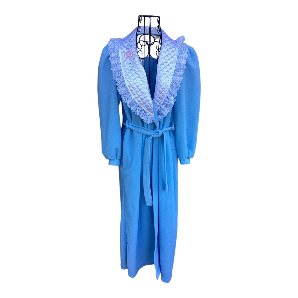 Vintage Honors Intimates Full Length Light Blue Robe Front Tie Sz Small Lace