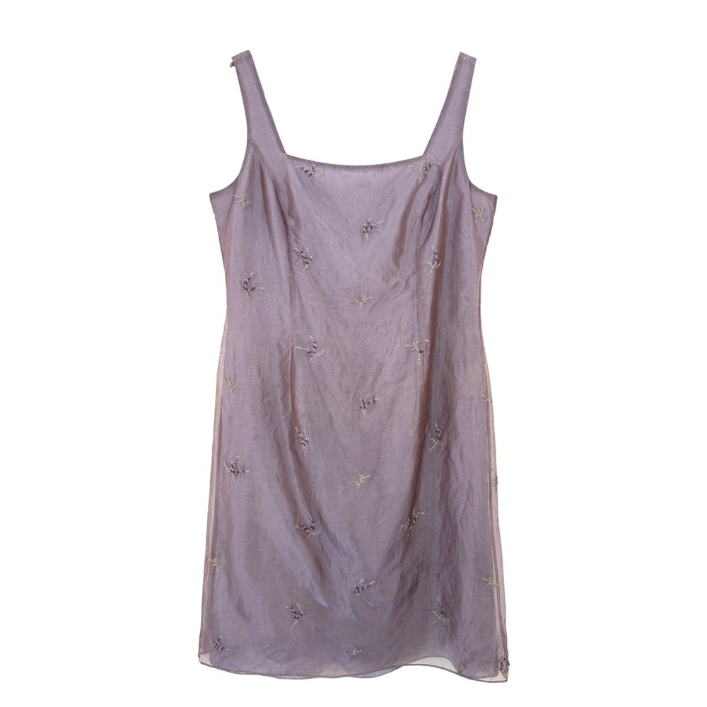 Y2K Ann Taylor VTG 100% Silk Embroidered Beaded Shift Dress Mauve Purple Size 12