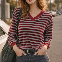 Vintage 80s Red Grey Striped Velour V-Neck Pullover Top Womens Small Singapore