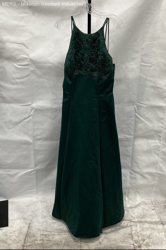 Vintage 90s Morgan and Co Women’s Dark Green Embroidered Gown Dress Sz 13/14