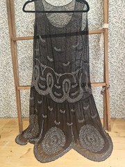 ANTIQUE 1920s FLAPPER DRESS BLACK CHIFFON SILVER BEADWORK ART DECO GOOD CONDITIO