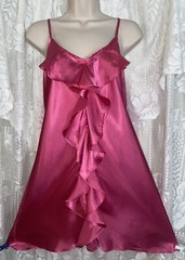 VTG L 38 40 Raspberry Pink SATIN Babydoll Nightgown w RUFFLES w lace racer back