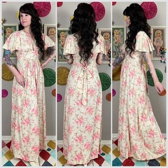 Vintage 1970s Ivory & Pink Floral Print Flutter Sleeve Maxi Dress | 27″ Waist