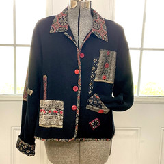 Appliqué Jacket Metallic Trim Medium Black Boho Artsy Y2K Boutique Mall