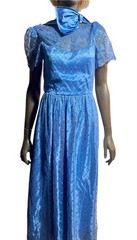 Vintage 70s 80s Maxi Dress Romantic Blue Satin Lace Cottagecore Puff Sleeve Gown
