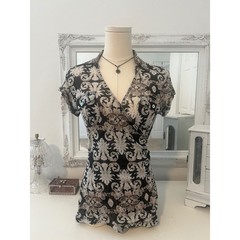 vintage floral patterned office siren mesh short sleeve top