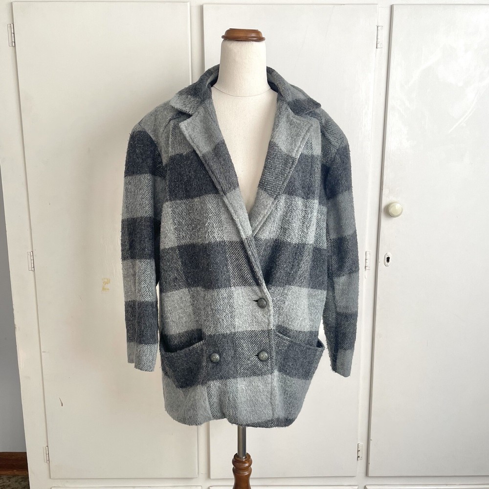 Re-worked Vintage Jacket Grey Check Size 16 Wool Blend 80’s Style