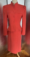 Louis Feraud Vibrant Vintage Coral Reef Pink Red Straight Skirt Suit 80s 90s