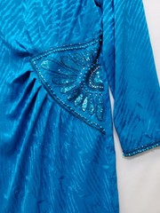 Vintage 80s D’ore Turquoise Silk Dress Sz 14 Tiger Stripe Rhinestone Sequins