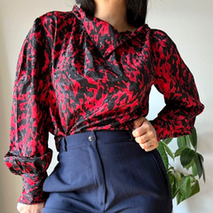 Vintage 1980s Red Black Satin Blouse Long Sleeve Glam Large