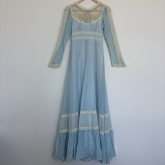 Gunne Sax 1970s Blue Lace Maxi Dress Size 7 Long Sleeve Prairie Cottage Core