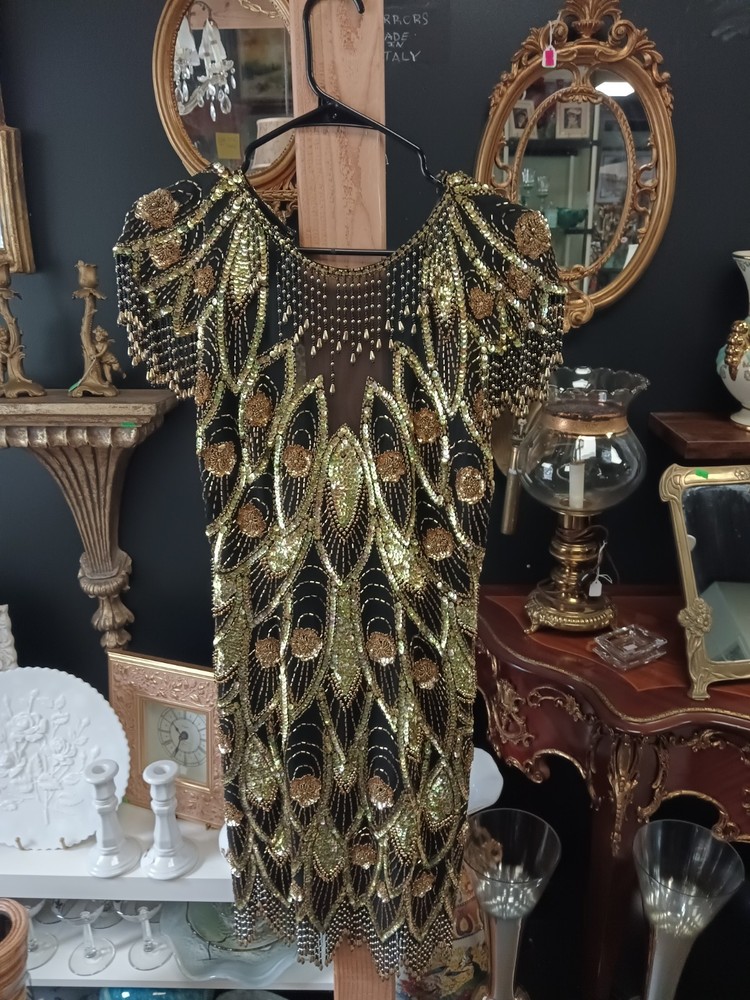 Lillie Rubin Vintage Black Gold Beaded Sequin Semi-Open Back Silk Dress Size 6