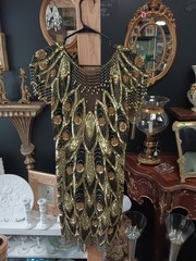 Lillie Rubin Vintage Black Gold Beaded Sequin Semi-Open Back Silk Dress Size 6