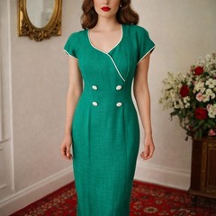 80s Donna Ricco Green Wiggle Sheath Dress White Trim Size 6 – S