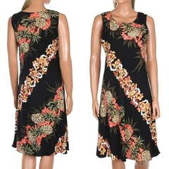 Vintage Hilo Hattie Hawaiian Pineapple Hibiscus Print Sleeveless Black Dress S