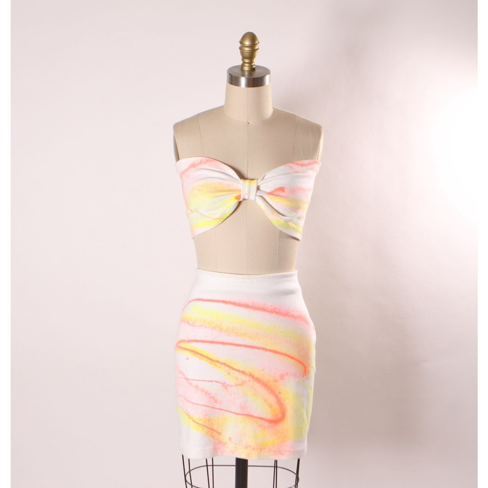 1980s White Pink Yellow Paint Splatter Tube Top Mini Skirt Two Piece Outfit