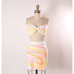 1980s White Pink Yellow Paint Splatter Tube Top Mini Skirt Two Piece Outfit