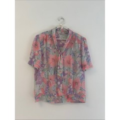 Alfred Dunner Vintage Tropical Floral Pussy Bow Blouse Smocked Waist Pink XL