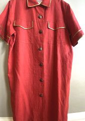 David Warren_Saks Fifth Avenue_Vintage Red Shirt Dress Gold Metallic Trim, Sz 16