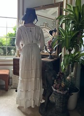 Antique EDWARDIAN EMBROIDERED DRESS Crochet & Pin-tuck Detail Back Buttons S