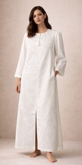 Vtg White Floral Jacquard Bridal Hostess Gown Robe L Embroidered Eve Stillman