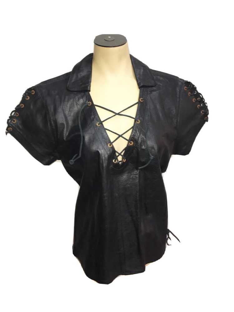 Vintage CUERO GENUINO Production Argentina Black Leather Top Women’s Size M