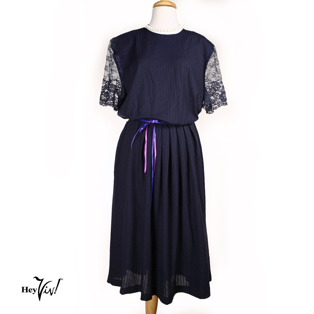 Vintage 80s Dress Padded Shoulder Elastic Waist Lace Sleeves Blue Sz 18 -Hey Viv