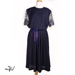 Vintage 80s Dress Padded Shoulder Elastic Waist Lace Sleeves Blue Sz 18 -Hey Viv