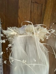 Vtg ALFRED ANGELO Wedding Dress-Lace Puff Sleeves-Satin-Long Train & Vail-Petite