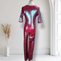 Vintage 90s Metallic Foil Catsuit Disco Rave Clubwear Jumpsuit Red M