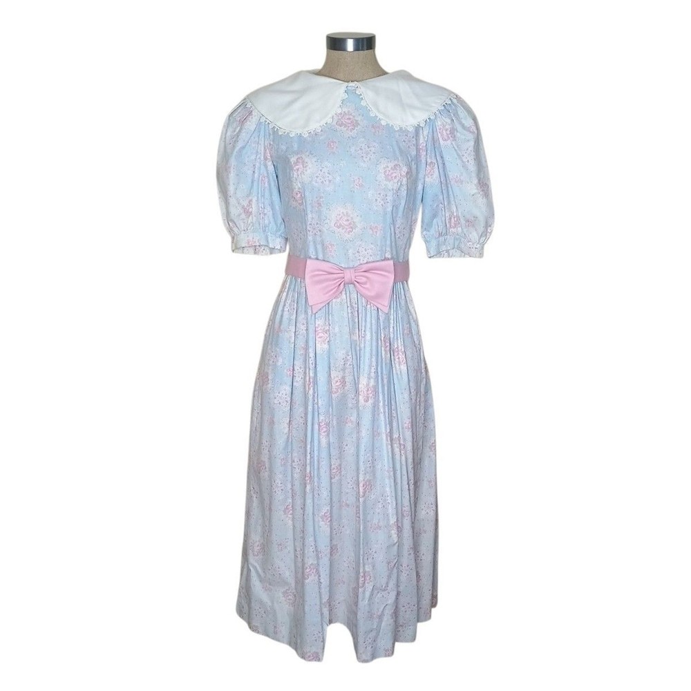 Vtg Lanz Originals 80s Dress Sz 8 Blue Pink Floral Cottagecore Belt Pockets READ