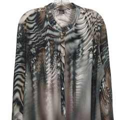 Yansi Fugel Vintage Tunic Abstract Print gray tan Long-Sleeve half Button-Up L