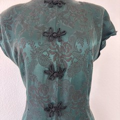 Vintage La Belle Womens Asian Midi Dress 10 Green Print 90s USA Frog Fastener