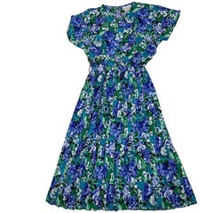 90s Vintage Floral Prairie Midi Dress Blue Green Pleated Skirt USA Made Large 12