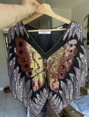 Vintage 80s Silk Sequin Butterfly Top Beaded Black Art Deco Festival Boho