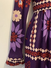 Vintage 1960s SAKS Purple Empire Waist Floral Long Dress Ruffle Neck Wrists XS