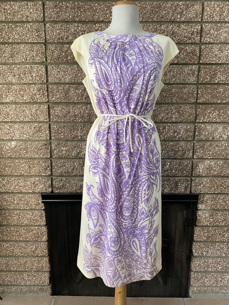 Vintage 1960s Sacony ivory dress with purple paisley mod summer polyester retro