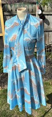VTG 1970s Secretary Dress Pussy Cat Bow Fit Flair Midi Sz S B32 W26 Blue Orange