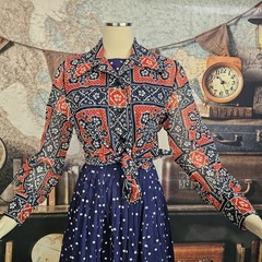 Vintage 1970s Blouse Top Shirt Red White Blue Bandana Print Pointed Collar