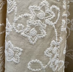 VINTAGE 1950’s IVORY COTTON W/ WHITE FLORAL FLOCKED DESIGN & RHINESTONES DRESS