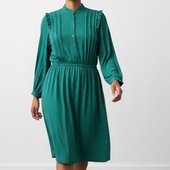 Vtg Emerald Green Prairie Dress Mock Neck Pleated Bodice medium 80s homemade