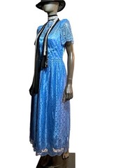 Vintage 70s 80s Maxi Dress Romantic Blue Satin Lace Cottagecore Puff Sleeve Gown